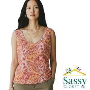 J. Jill Sleeveless Paisley Cotton Top Tan Trim Orange Pink Print Women’s XS EUC